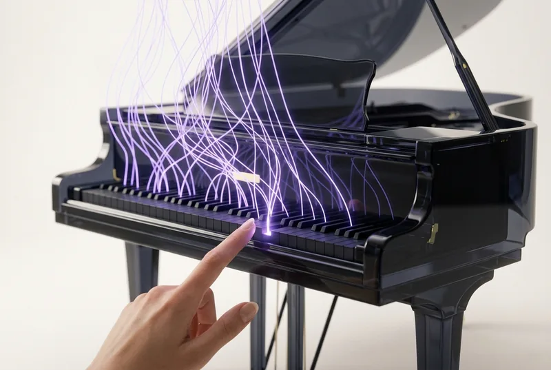 A black grand piano playing itself through threads of lavender light, one human fingertip resting on a single thread