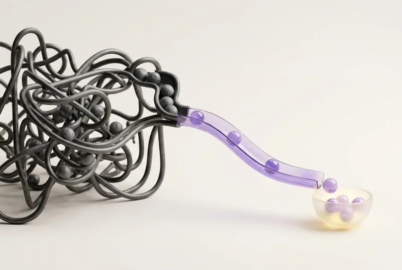 Tangled grey tubes with stuck marbles converging into a single lavender glass slide flowing into a glowing bowl
