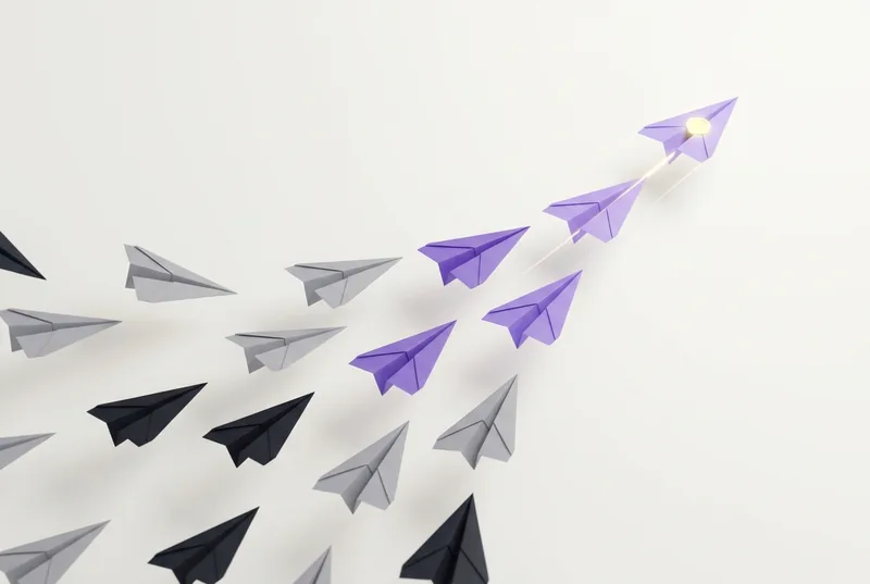 Grey paper planes drifting down while a lavender formation flies an ascending curve, the leader carrying a golden wax seal