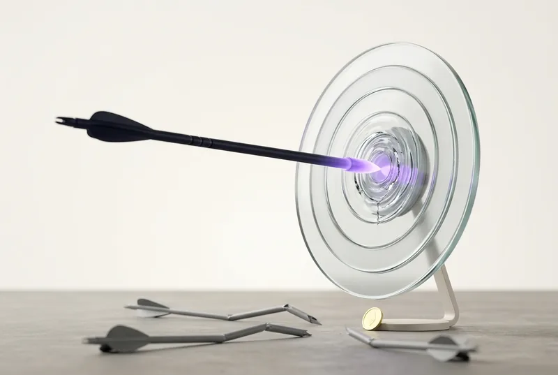 A dark arrow with a lavender tip hitting the exact center of a glass target, bent grey arrows on the floor and a gold coin at its base