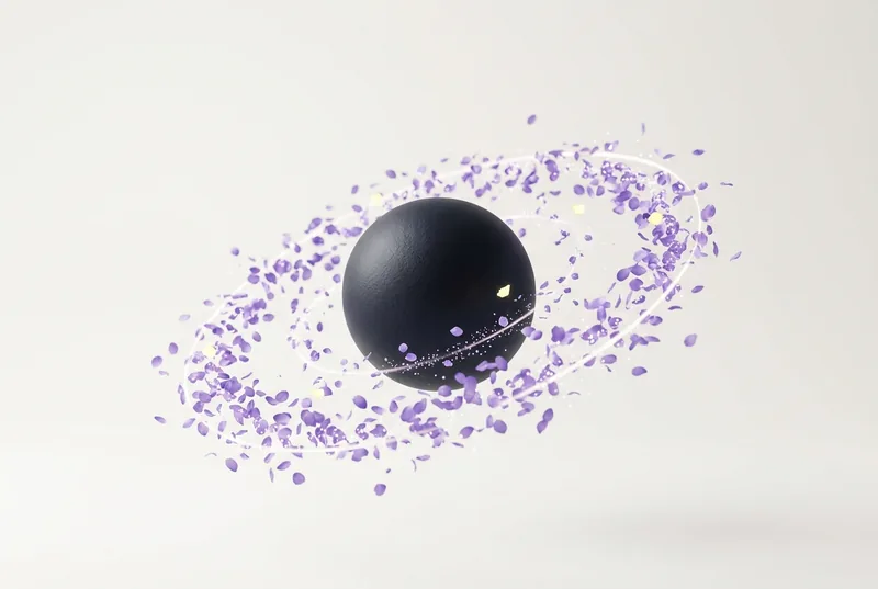 A black sphere attracting hundreds of lavender petals into an orbital ring around it