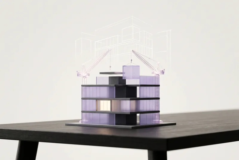 An architectural scale model built from lavender glass and charcoal blocks, assembled by cranes of light under blueprint lines